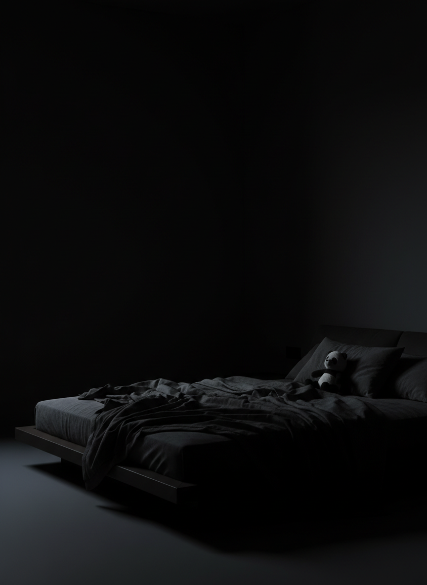 A minimalist, dark-toned bedroom at night, photographed in near-total darkness with only a thin strip of cool moonlight tracing the outline of a low bed and soft blankets. Most of the image is pure, restful black, with just enough visible texture on the bedding to suggest softness and warmth. In the far corner, a small, plush black-and-white panda toy rests against a pillow, its features gently implied rather than fully lit. The composition uses negative space heavily, with the bed placed on the lower third of the frame. The mood is cocoon-like, serene, and conducive to long-form sleep audio, while maintaining a clean, modern, black-screen aesthetic.